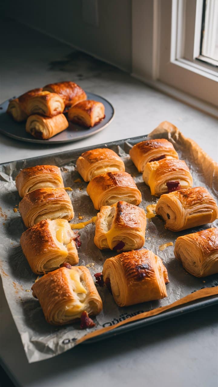 Viennoiseries sur plaque de cuisson et assiette.