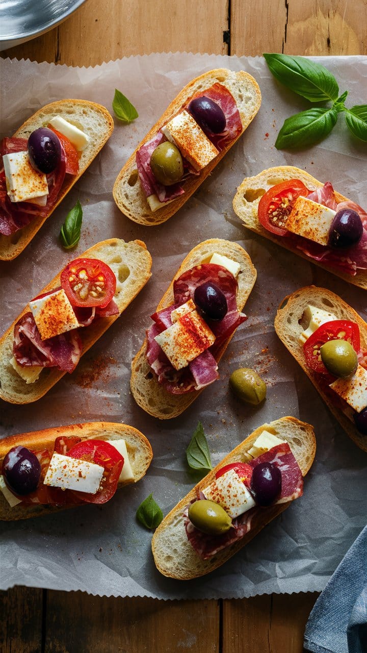 Bruschettas au fromage, tomate, salami et olives.