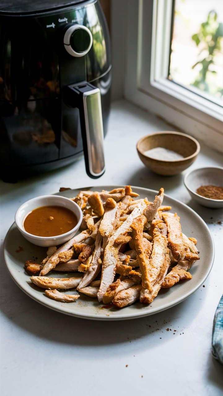 Frites de poulet avec sauce à côté d'une friteuse.