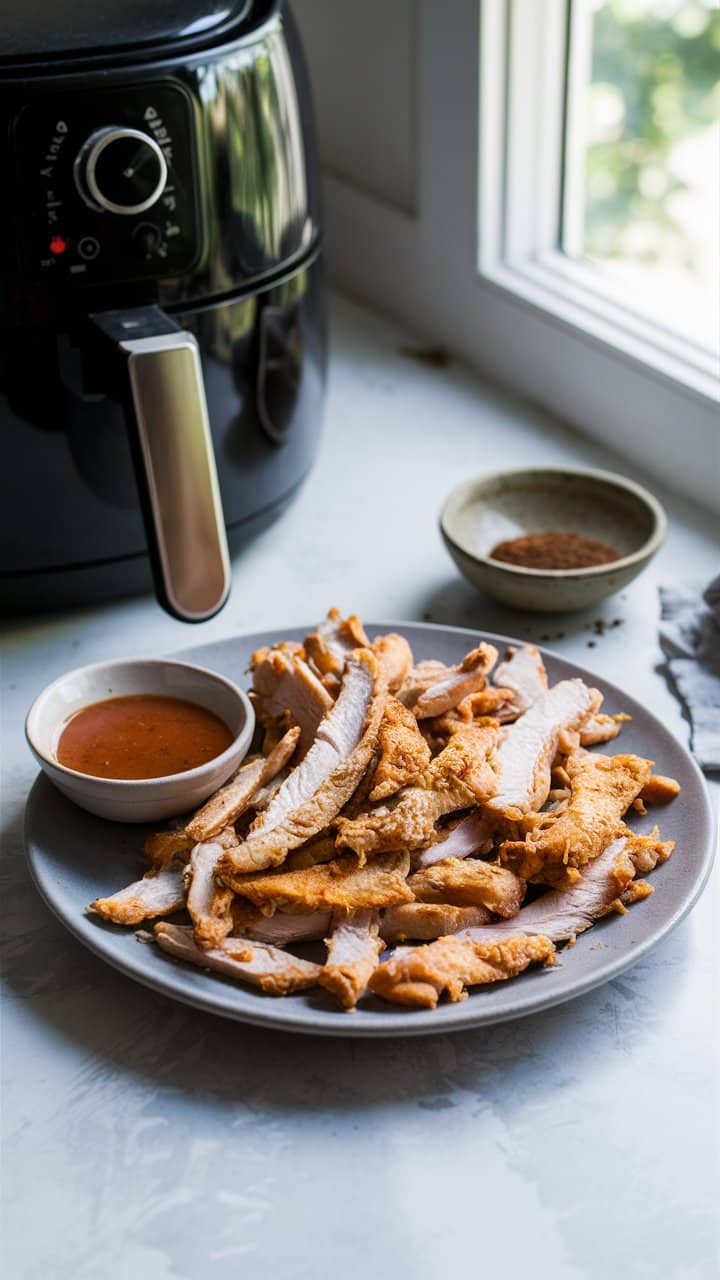 Frites de poulet et sauce près d'une friteuse.