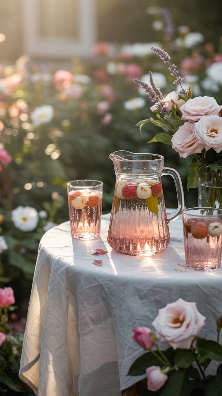 Table avec carafe de boisson rosée et fleurs