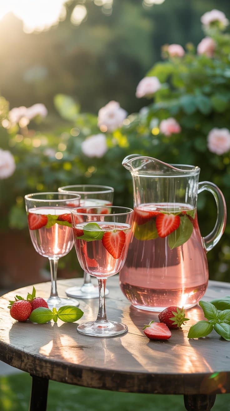 Jus de fraise frais sur table en extérieur.