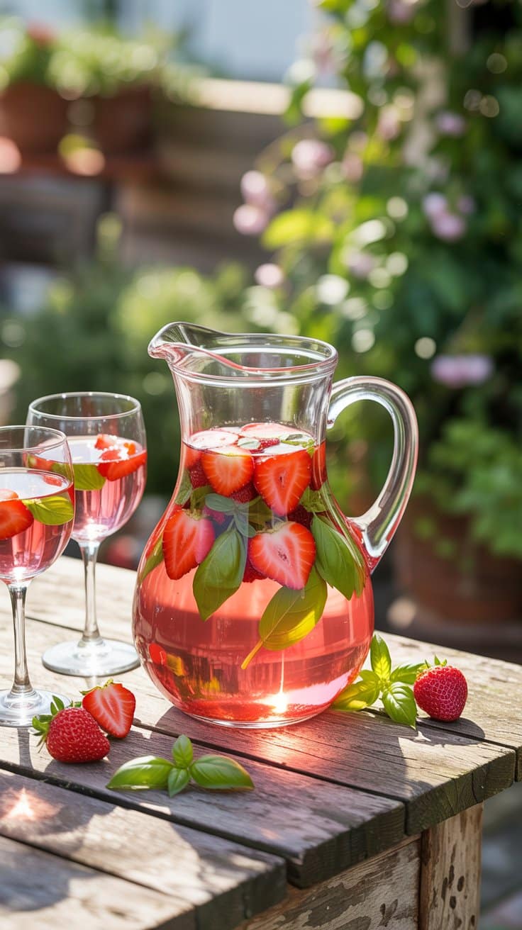 Carafe de boisson fraise et basilic sur table bois.