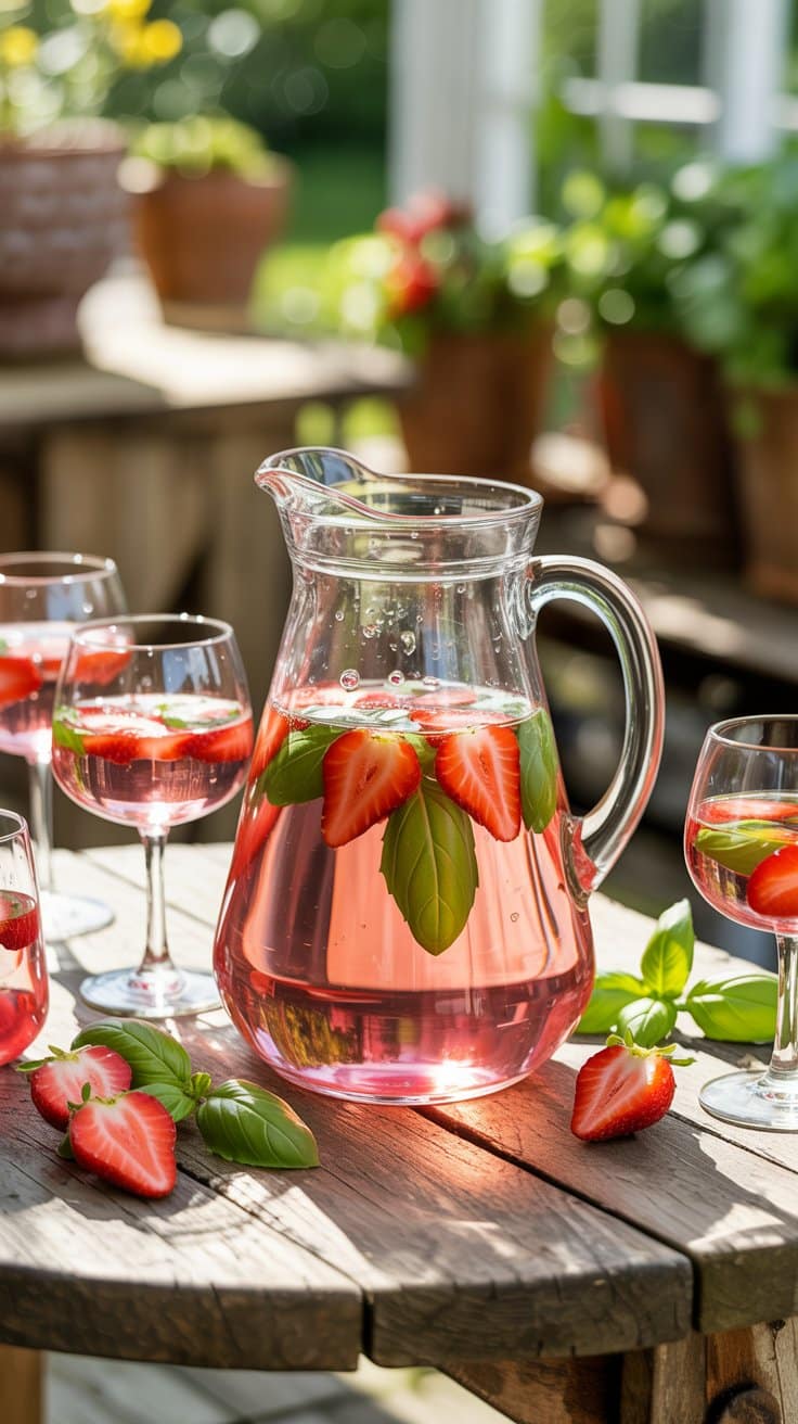 Carafe de boisson aux fraises et basilic.