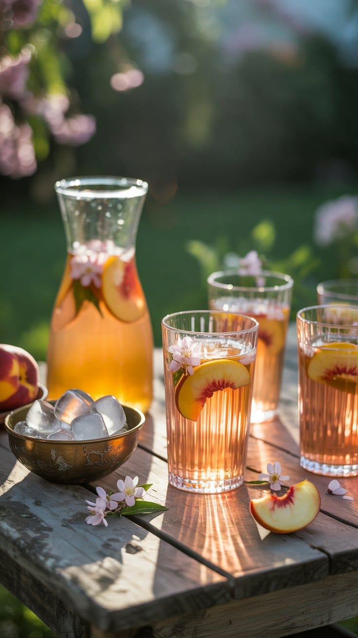 Thé glacé aux pêches et fleurs, extérieur ensoleillé.