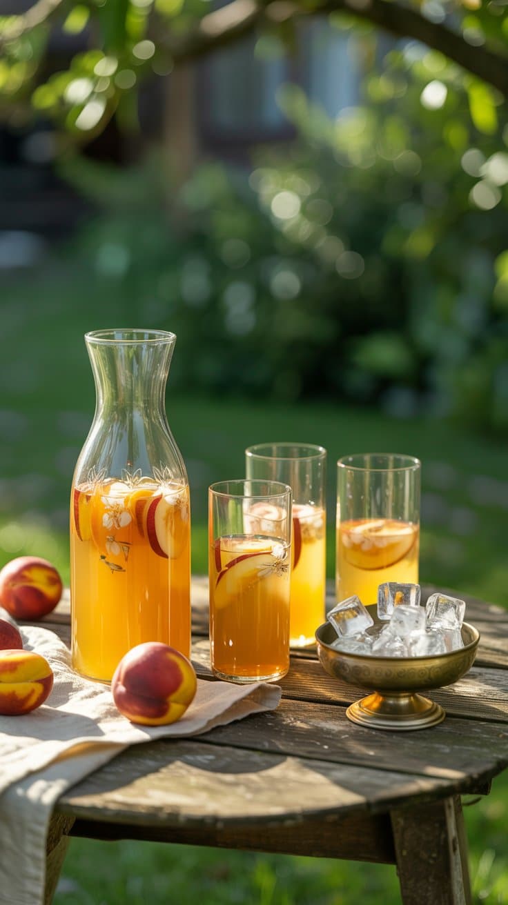 Carafe de thé glacé avec des pêches et des glaçons.