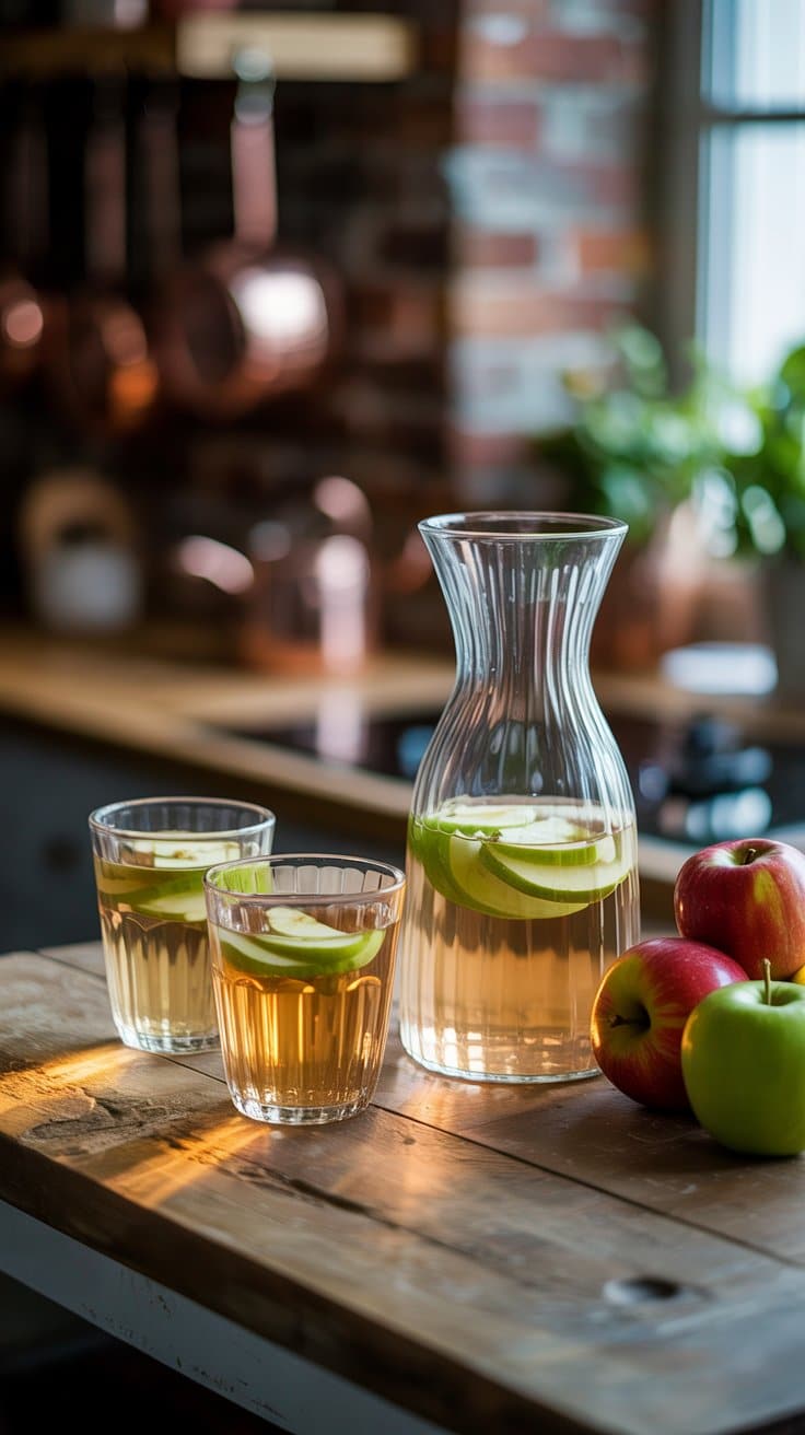 Carafe et verres de jus de pomme frais.