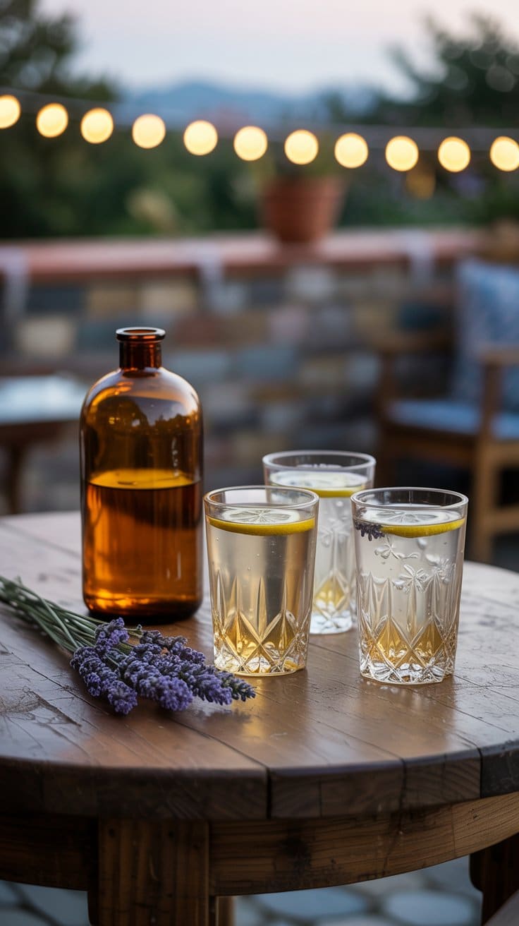 Table avec boissons et lavande au crépuscule.