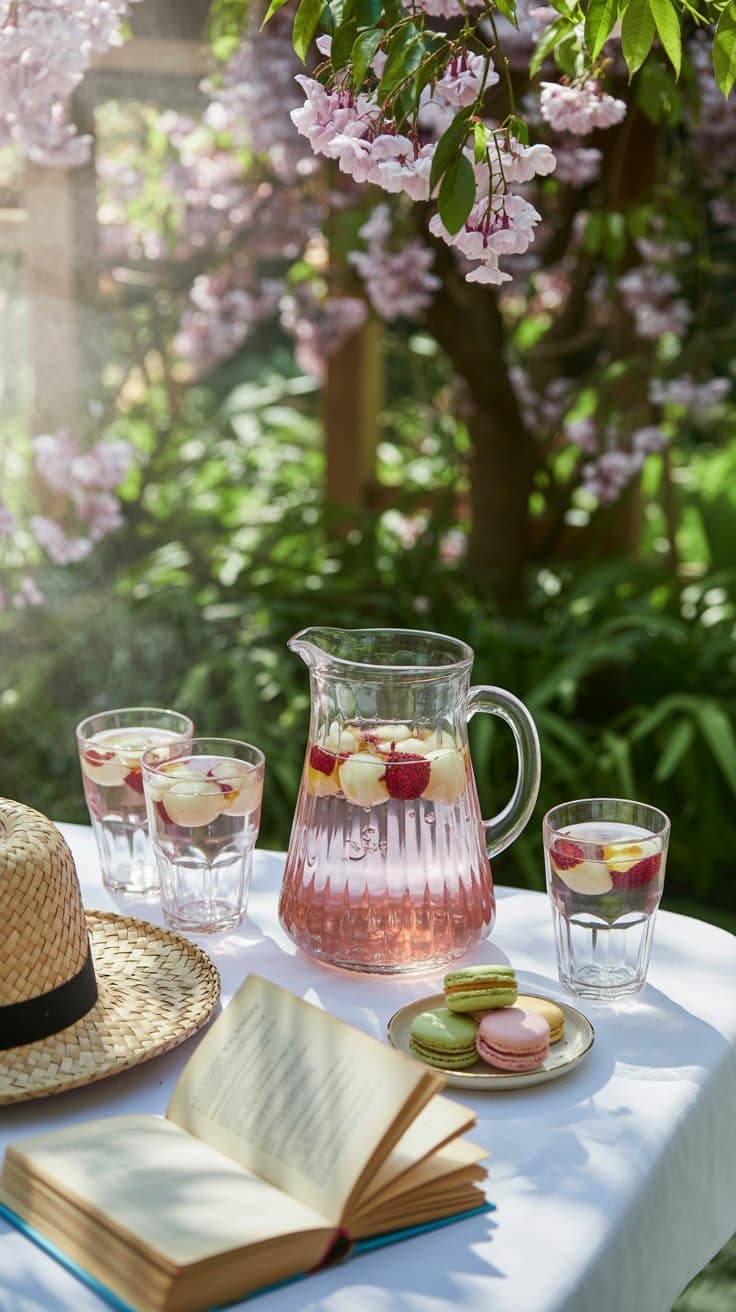 Pichet de boisson rose avec fruits, macarons.