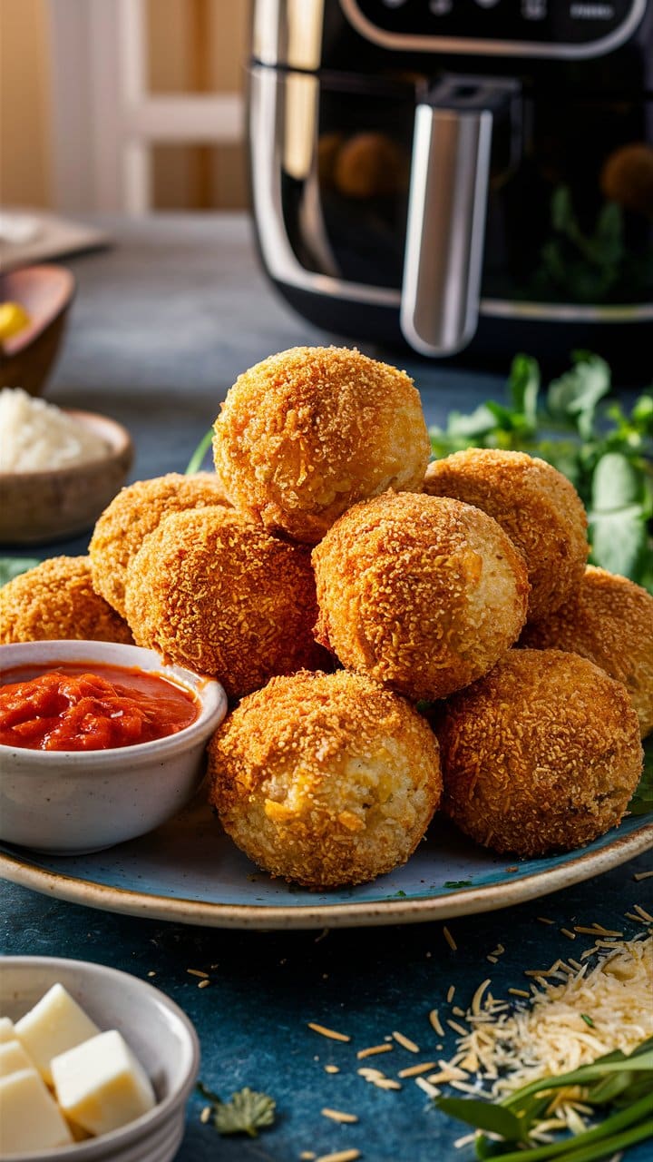 Boulettes dorées avec sauce tomate, plat bleu.