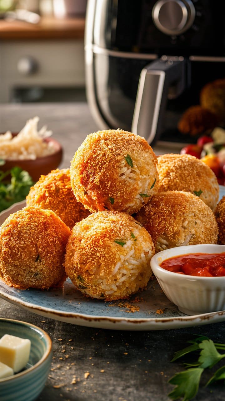 Boulettes riz dorées avec sauce, friteuse en arrière-plan.