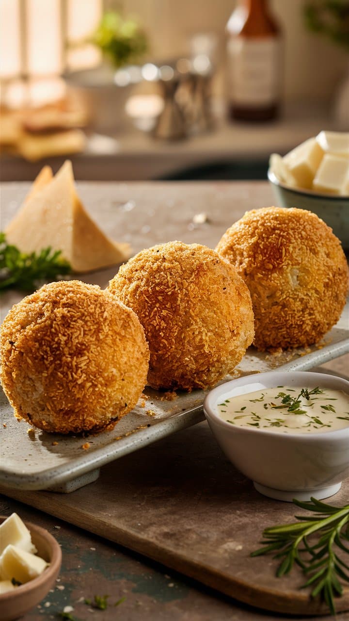 Arancini sur plateau avec sauce blanche.