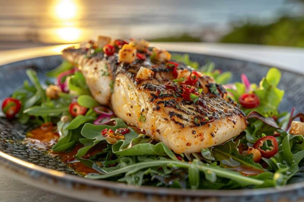 Recette airfryer : bar grillé avec vinaigrette épicée à la noix de coco pour un dîner exotique
