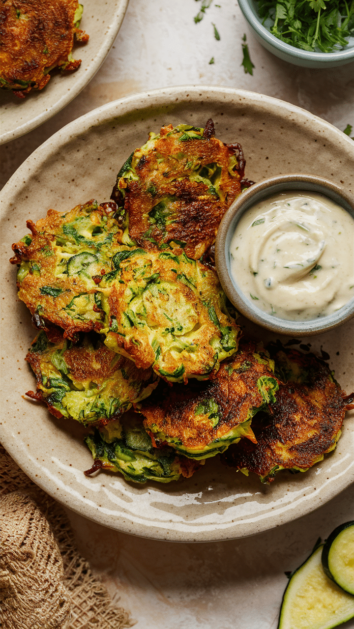Galettes de courgettes avec sauce à l'ail.