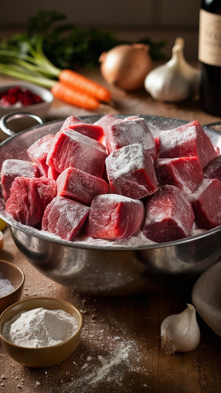 Viande en cubes avec farine et légumes.