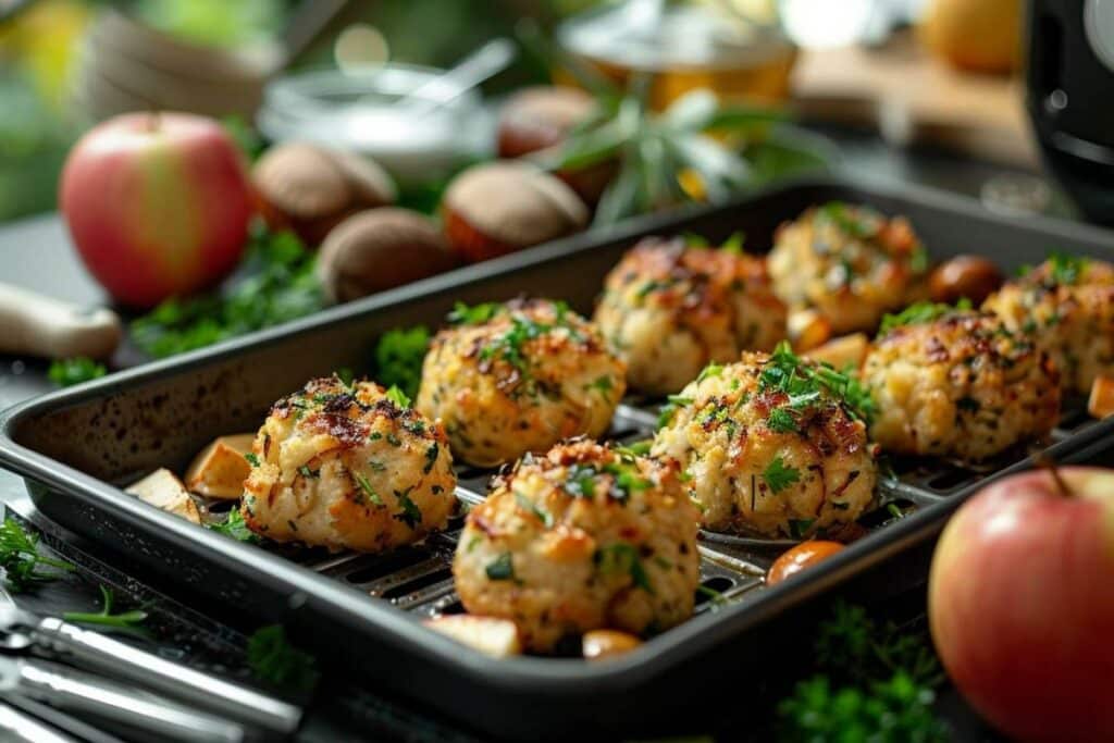 Recette airfryer : boulettes de farce aux pommes, châtaignes et herbes faciles et savoureuses