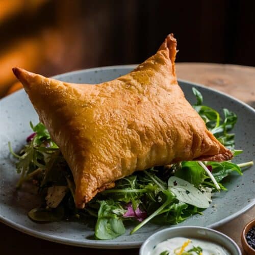 Plat avec samosa et salade verte, sauce blanche.