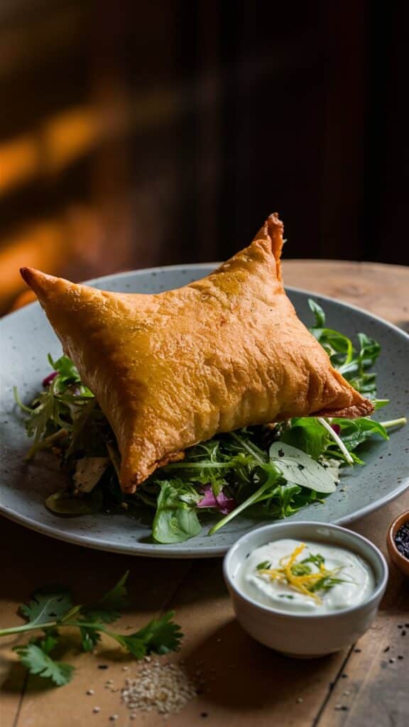 Plat avec samosa et salade verte, sauce blanche.