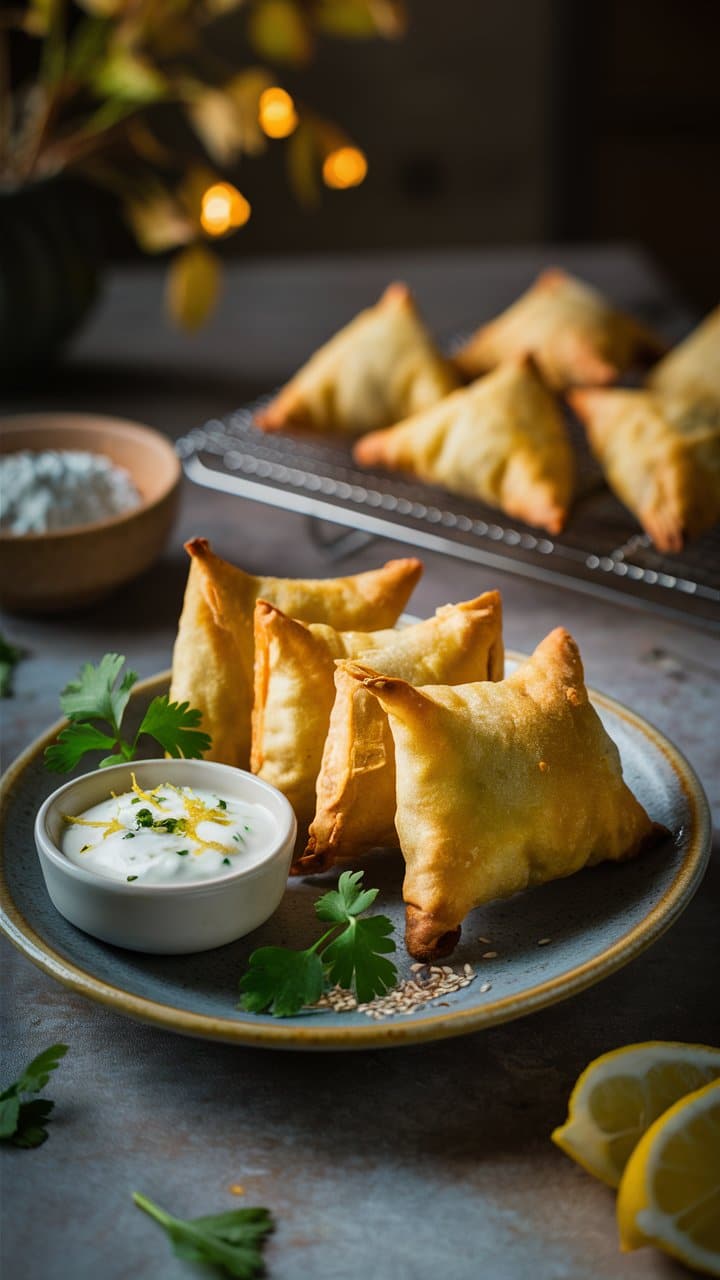 Samossas thon et fromage frais dorés avec sauce blanche.