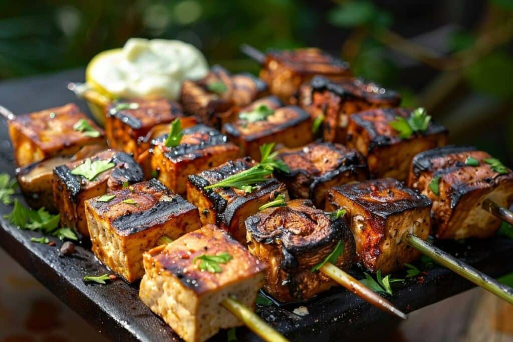 Recette airfryer : brochettes de champignons et tofu fumé avec aïoli au citron