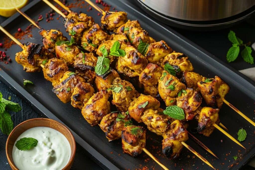Recette airfryer brochettes de poulet au curry avec trempette à la menthe facile et rapide