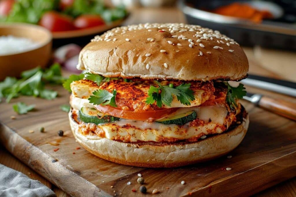 Recette savoureuse d'airfryer : burger harissa et halloumi aux saveurs épicées