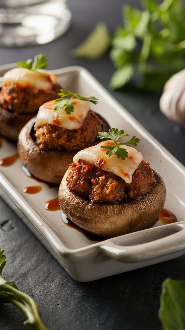 Champignons farcis au fromage et épices sur assiette.