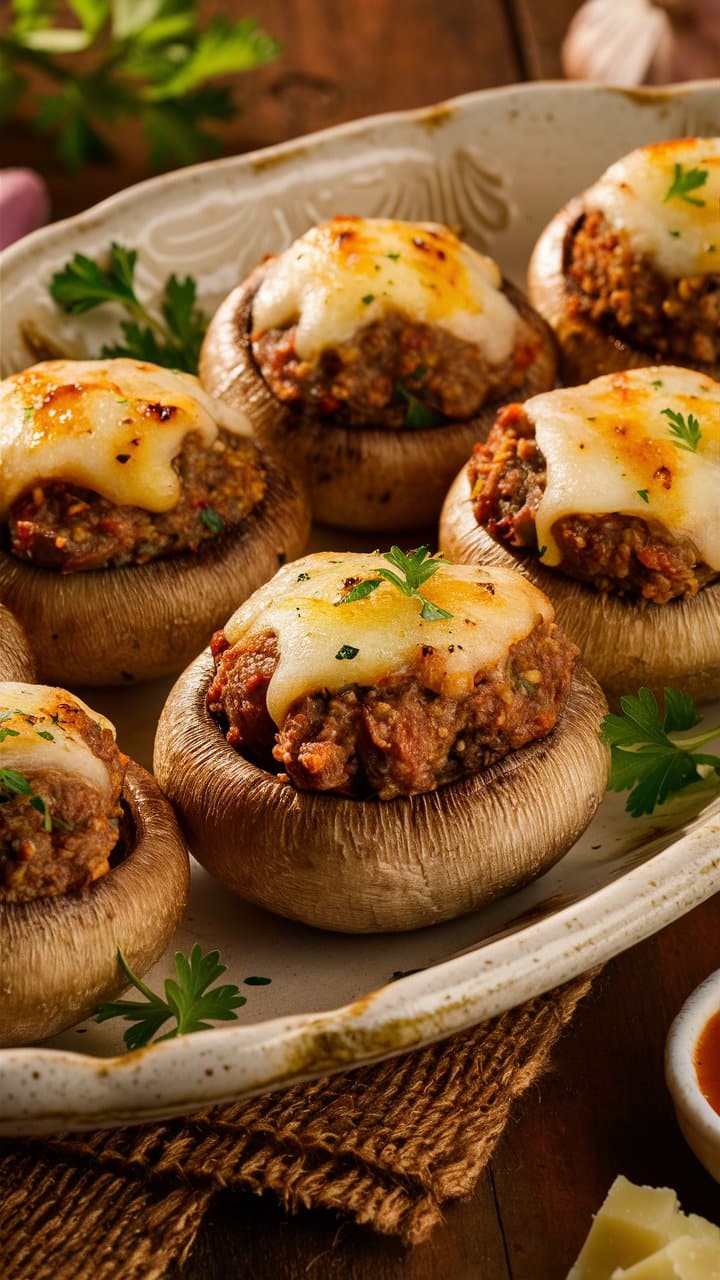 Champignons farcis au fromage fondant sur plat.