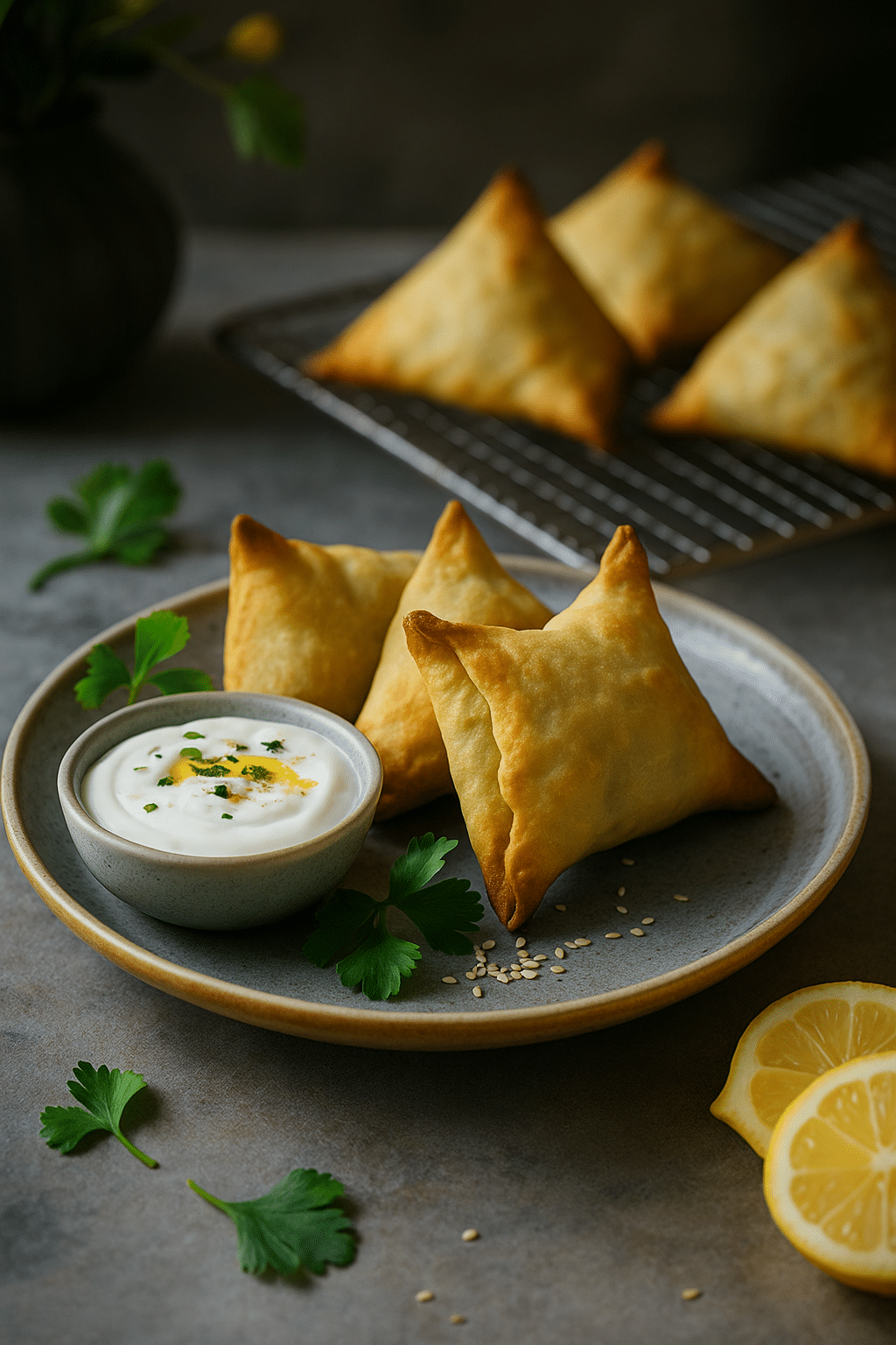 Samoussas servis avec sauce blanche et citron.