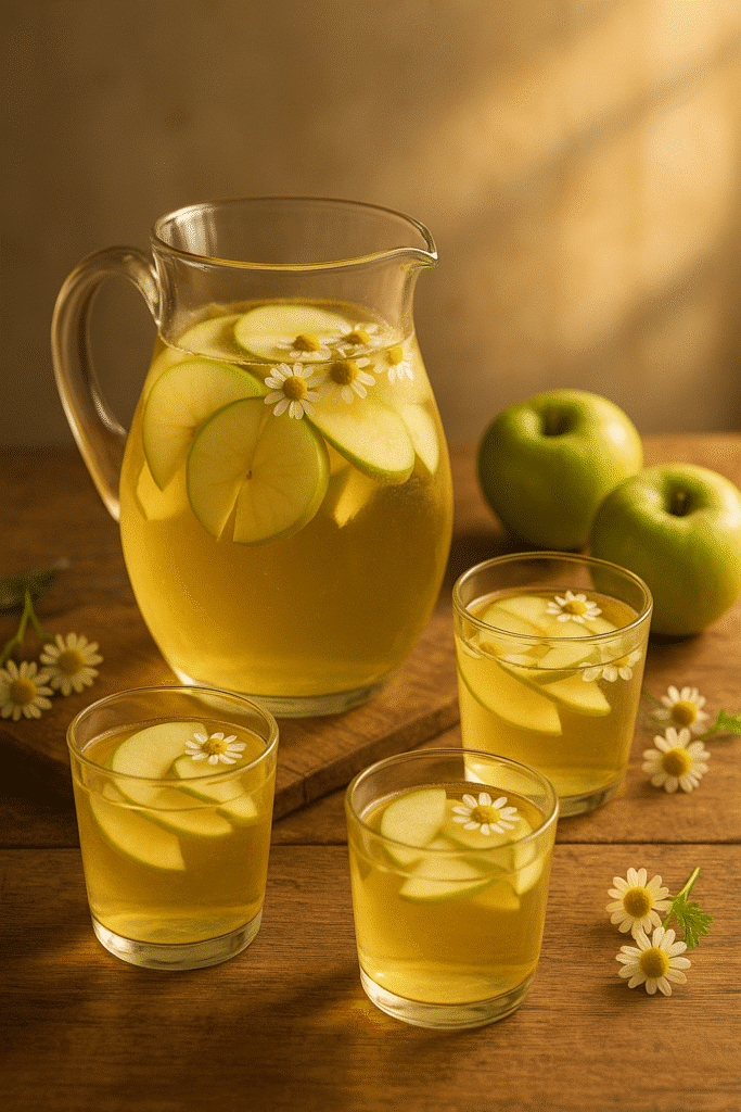 Limonade pomme-fleurs dans verre et carafe.