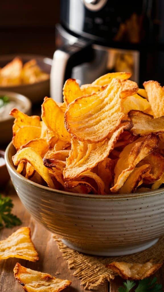Chips dorées dans un bol devant une friteuse.