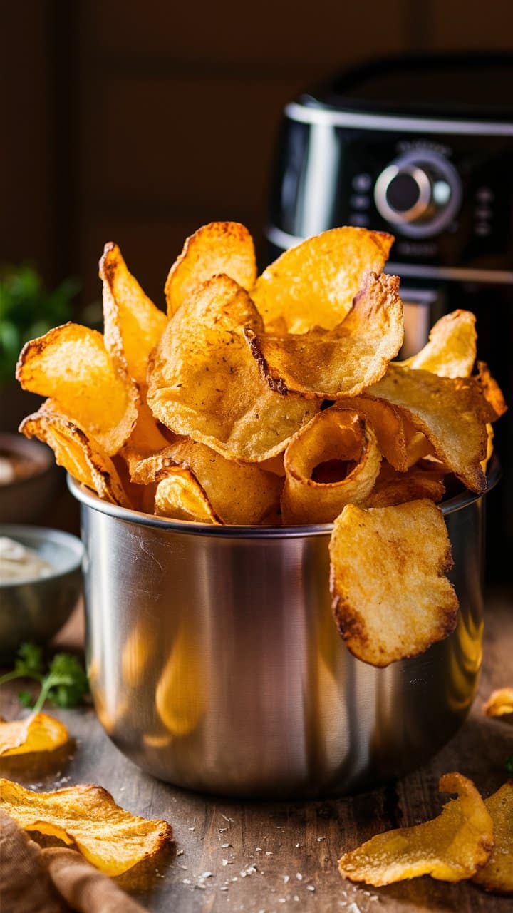 Chips dorées dans bol en métal.