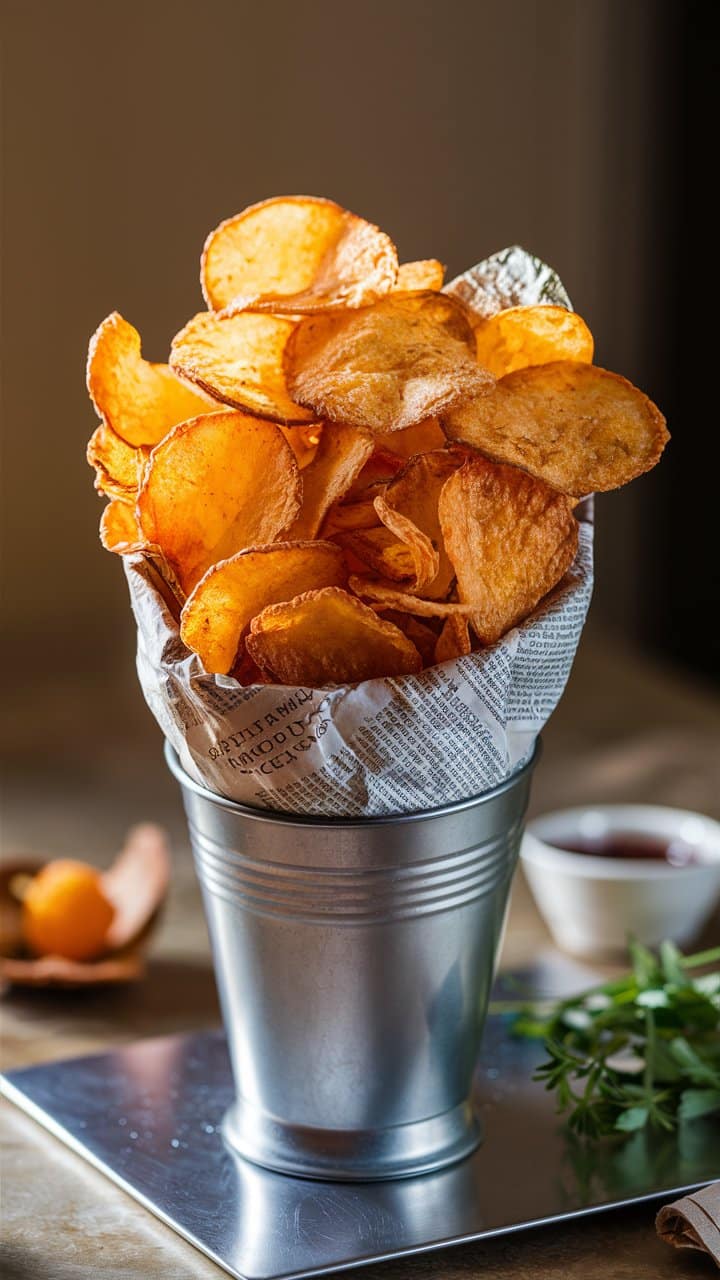 Cône de chips croustillantes dans un seau en métal.