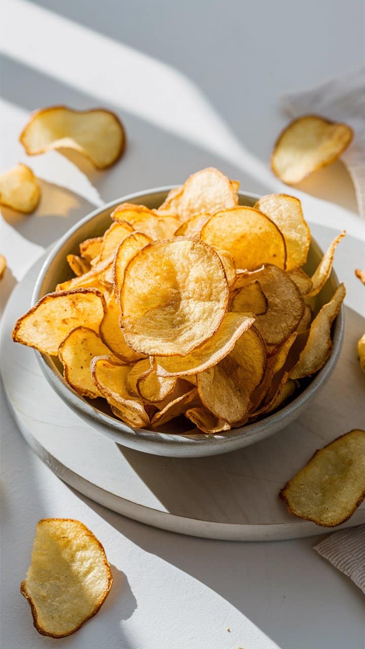 Bol de chips croustillantes sur une table blanche.