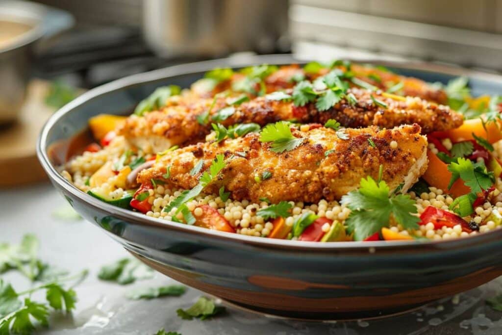 Recette airfryer : bol de couscous au poulet croustillant pour un repas sain et savoureux