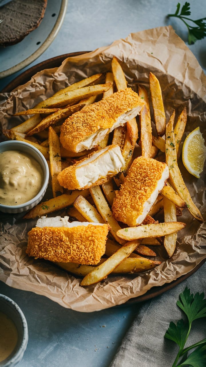Fish and chips avec sauce tartare et citron.