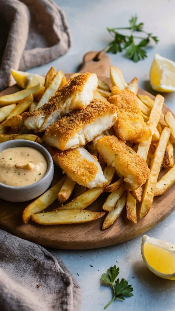 Assiette de fish and chips avec sauce.