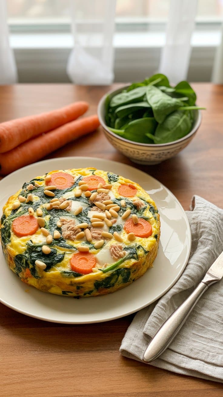 Omelette aux légumes sur table en bois.