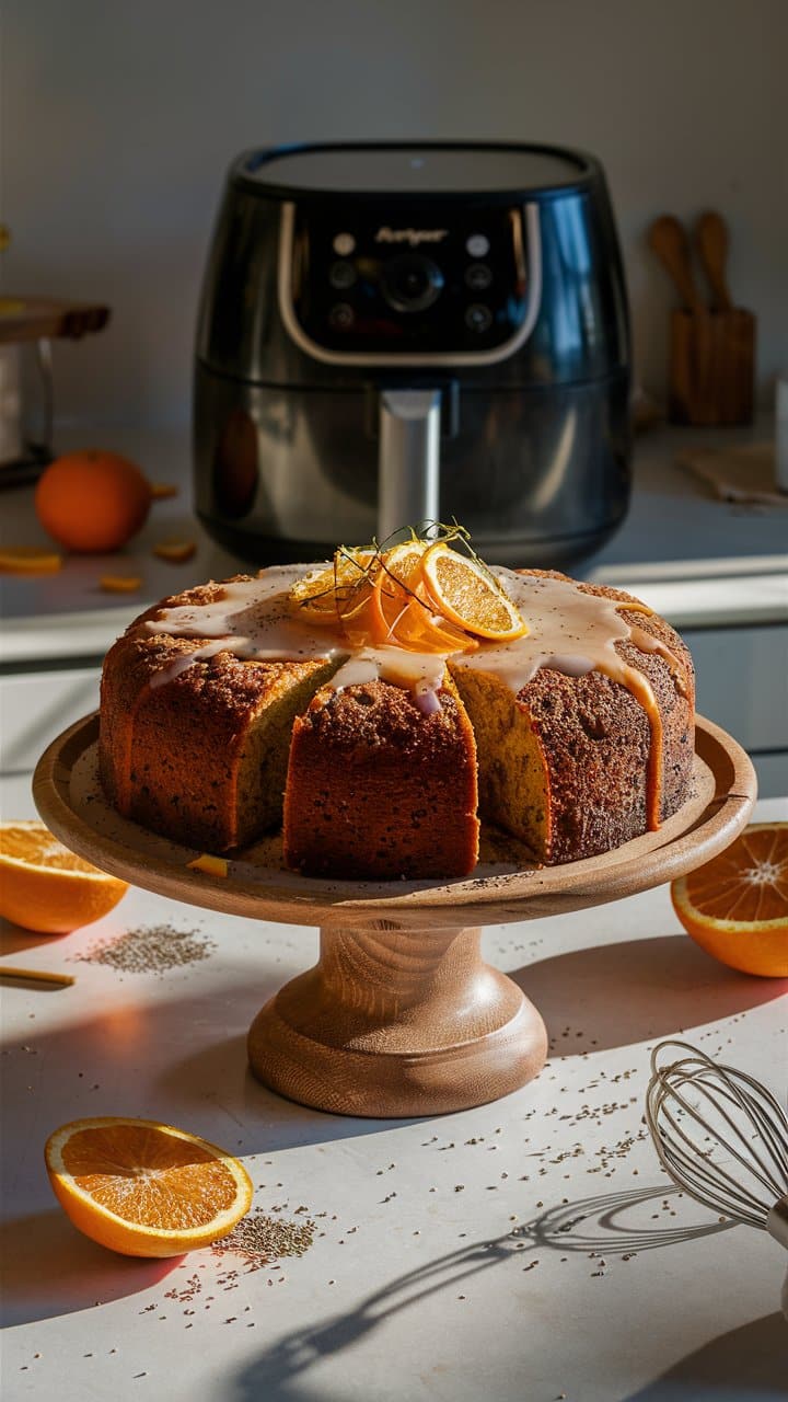 Gâteau à l'orange sur plat en bois.