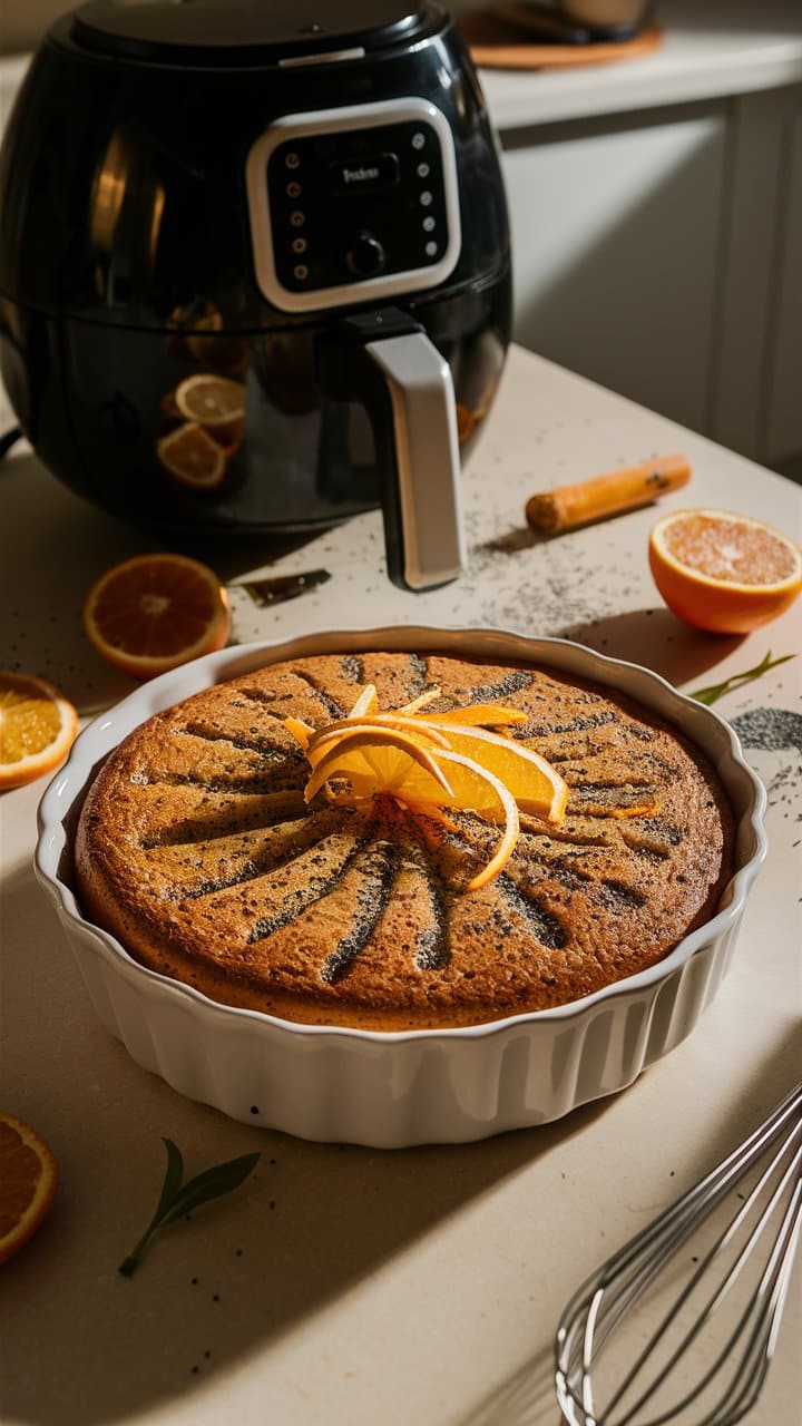 Gâteau orange et pavot près d'une friteuse.