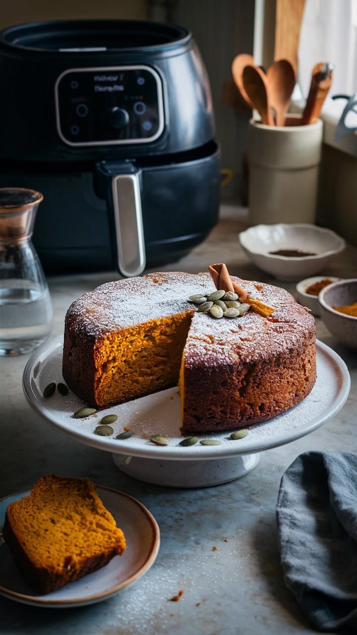 Gâteau à la citrouille avec tranche coupée.