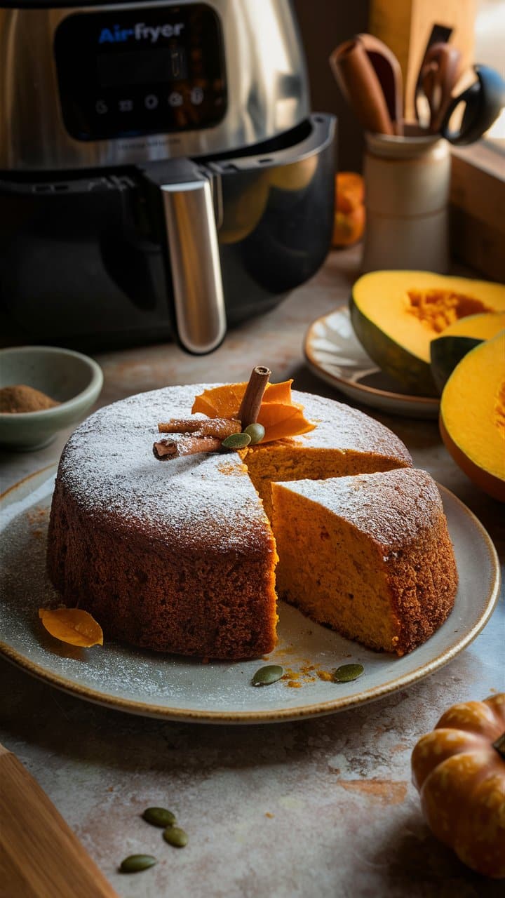 Gâteau à la citrouille et cannelle près d'un cuiseur.
