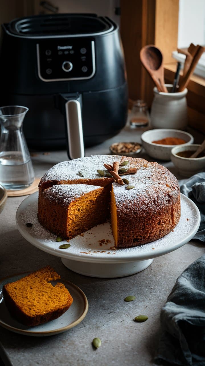 Gâteau épicé à la courge, tranche découpée.
