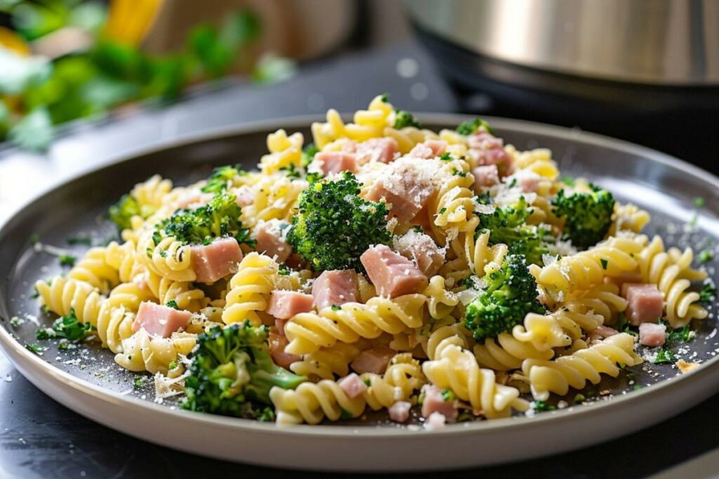 Recette airfryer : pâtes au jambon et brocoli facile et rapide à préparer