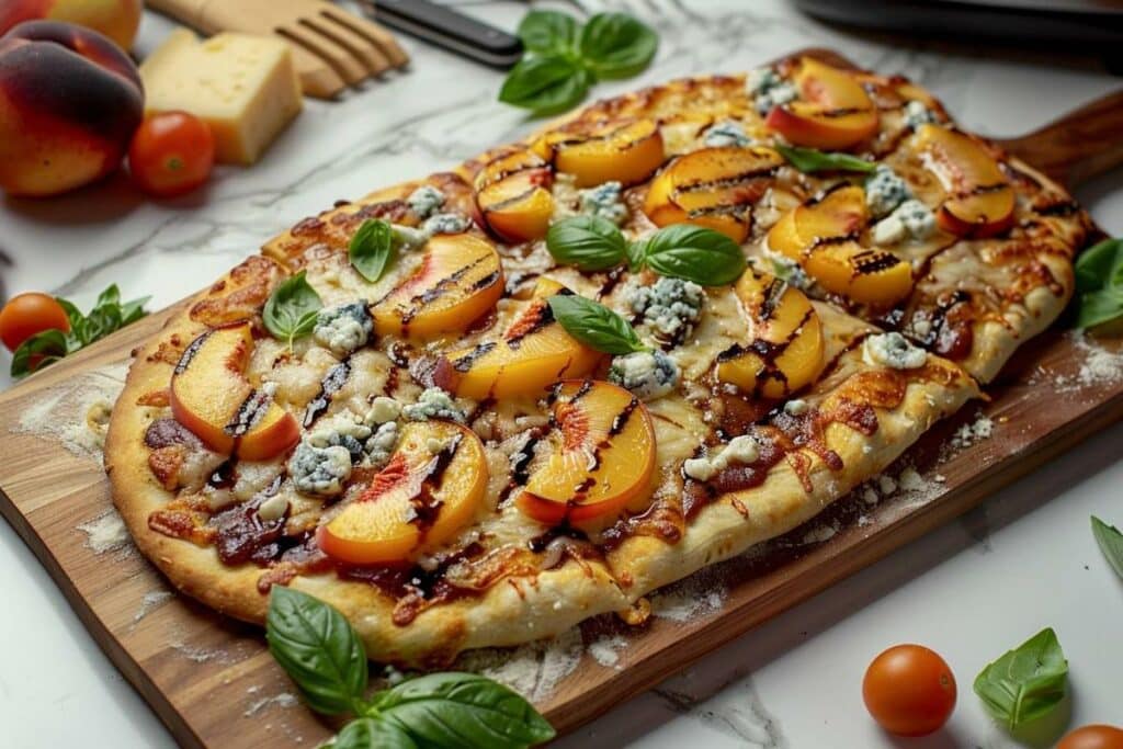 Recette airfryer : pizza pain plat chèvre bleu et pêches balsamiques grillées