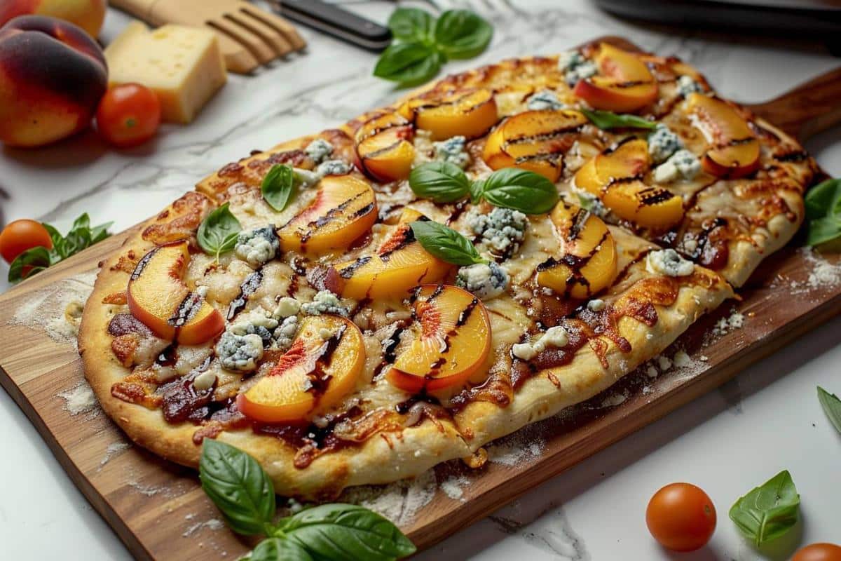 Recette airfryer : pizza pain plat chèvre bleu et pêches balsamiques grillées