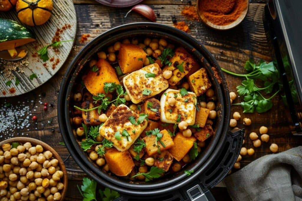 Recette airfryer courge butternut épicée, halloumi, pois chiches : plat savoureux et rapide