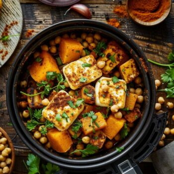 Recette airfryer courge butternut épicée, halloumi, pois chiches : plat savoureux et rapide