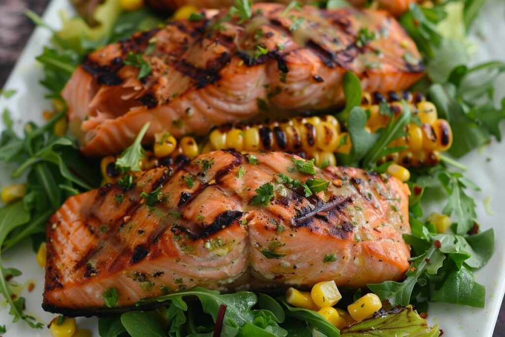 Recette airfryer : saumon grillé avec salade fraîche et maïs grillé pour une cuisine saine