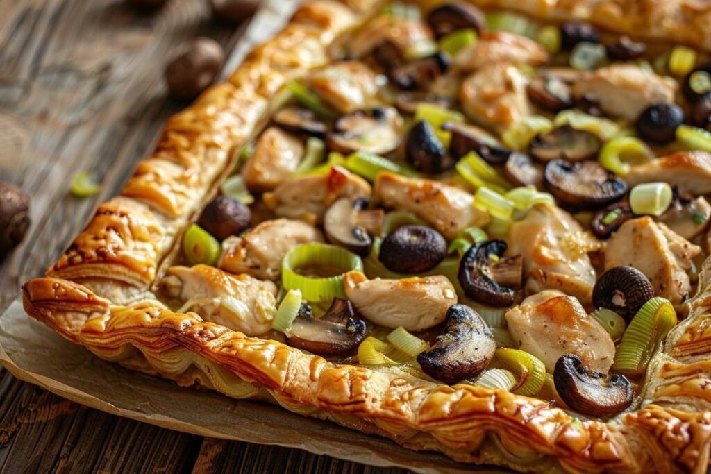 Recette airfryer : tarte au poulet, poireaux, champignons et pâte feuilletée croquante